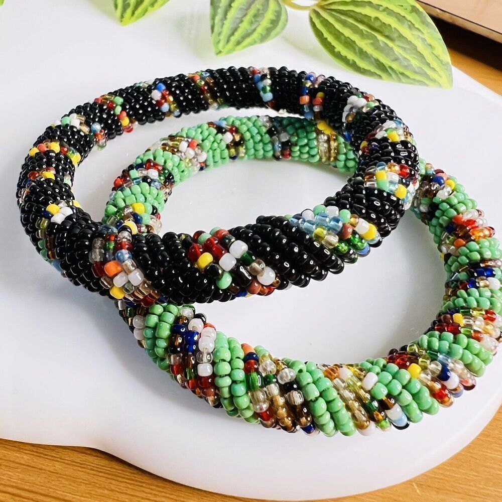 Traditional African Multicolored Beaded Bangle Bracelet Black Blue Orange
